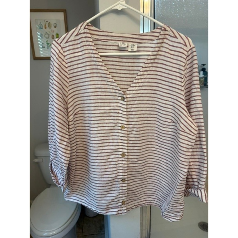Artisan NY 100% Linen Striped Button Front Blouse Red White V-Neck Top Medium